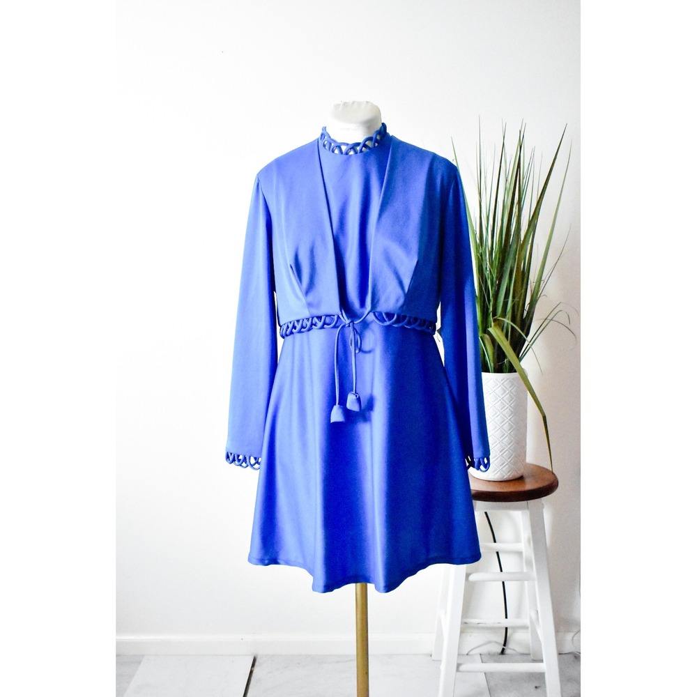 Unbranded 2 Piece Dress Set Womens M Blue 70s Mod Scalloped Mini Tassel Tie